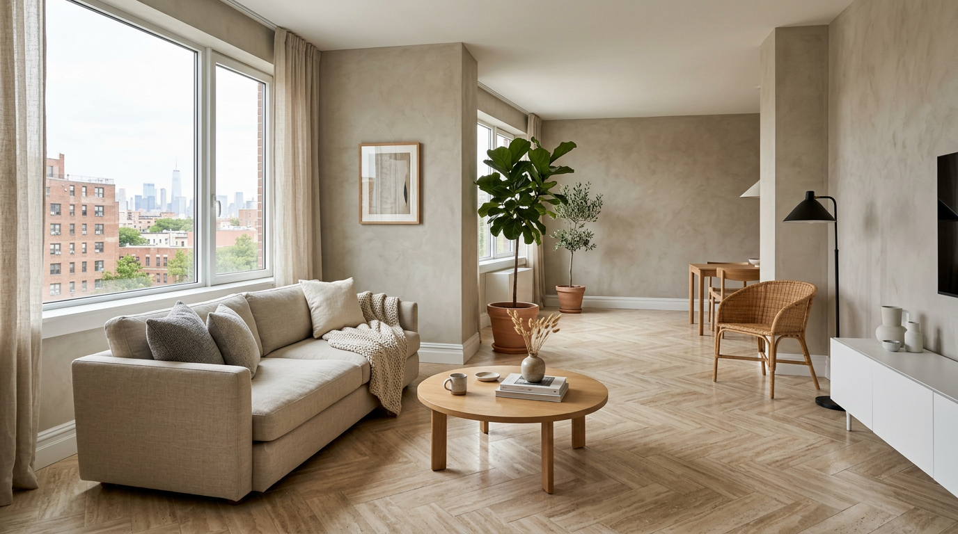 Finished Queens living room with seamless microcement walls, crisp painted trim, and herringbone stone tile floor