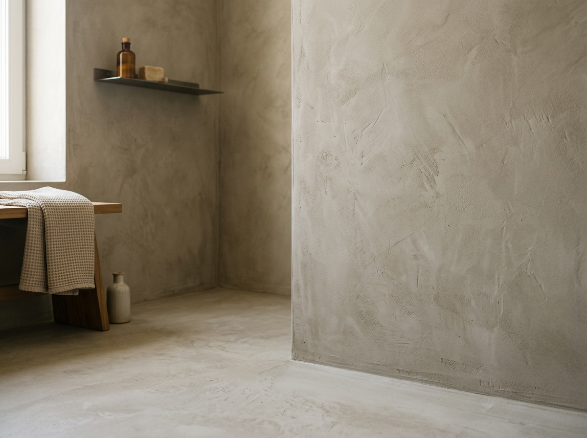 Seamless hand-troweled microcement floor and wall corner