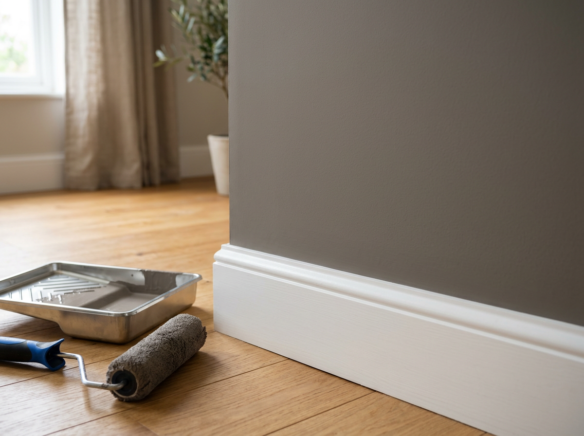 Crisp painted interior wall with clean edge at the baseboard